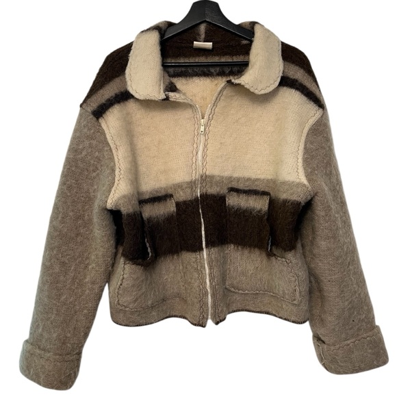 Stitches N Bloom Upcycled Wool Jacket Cream Brown Stripe Medium Wearable Art